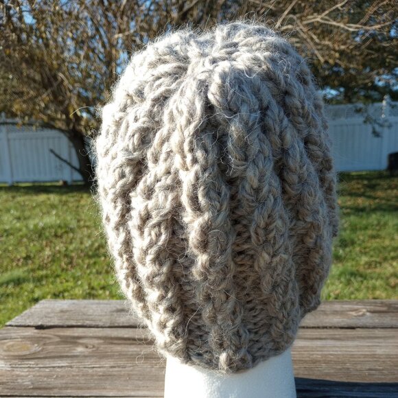 Alpaca Beanie Skully Hat Men Thick Chunky Hand Knit Wool Rib Barn Owl Beige L XL - Picture 4 of 9